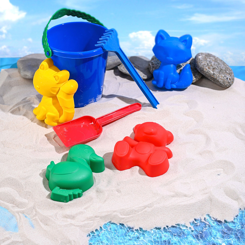 Набор для игры в песке (синее ведёрко, 4 формочки для песка, грабельки, лопатка)  #1