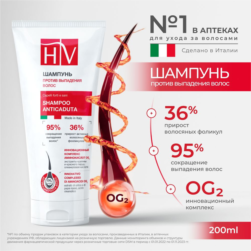 Шампунь для волос против выпадения, комплекс аминокислот OG2, Hair Vital, Италия 200 мл  #1