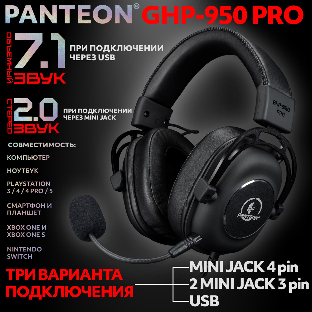 Игровые наушники PANTEON GHP-950 PRO черные с микрофоном для компьютера объемным звучанием SURROUND SOUND #1