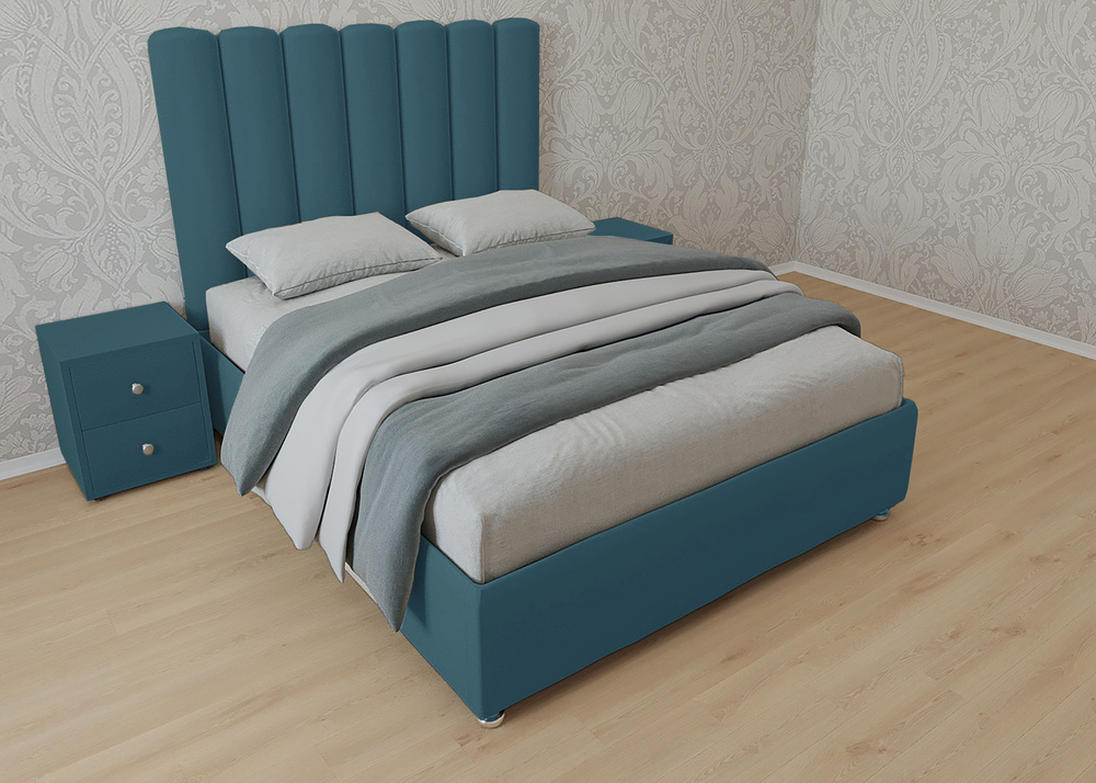 Двуспальная кровать Женева Нью 160x200 основание металлическое с ламелями велюр бирюзовый ножки 5 см #1