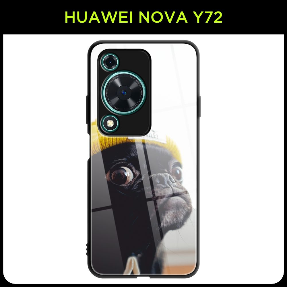 Стеклянный чехол на Huawei Nova Y72 / Хуавей Нова Y72 с принтом "Черный мопс в шапочке"  #1