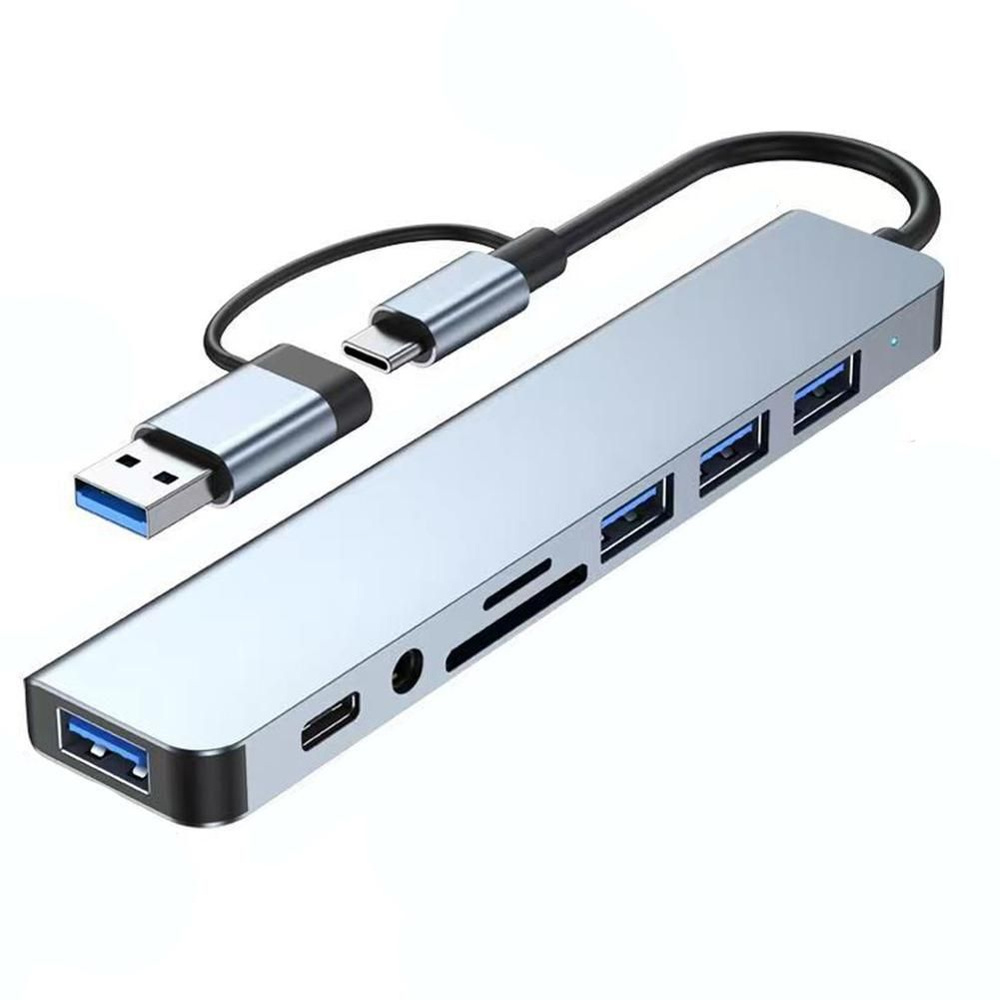 Хаб-картридер USB/Type-C HUB 8 в 1 (Type-C, USB 3.0*4, Card Reader, AUX) #1