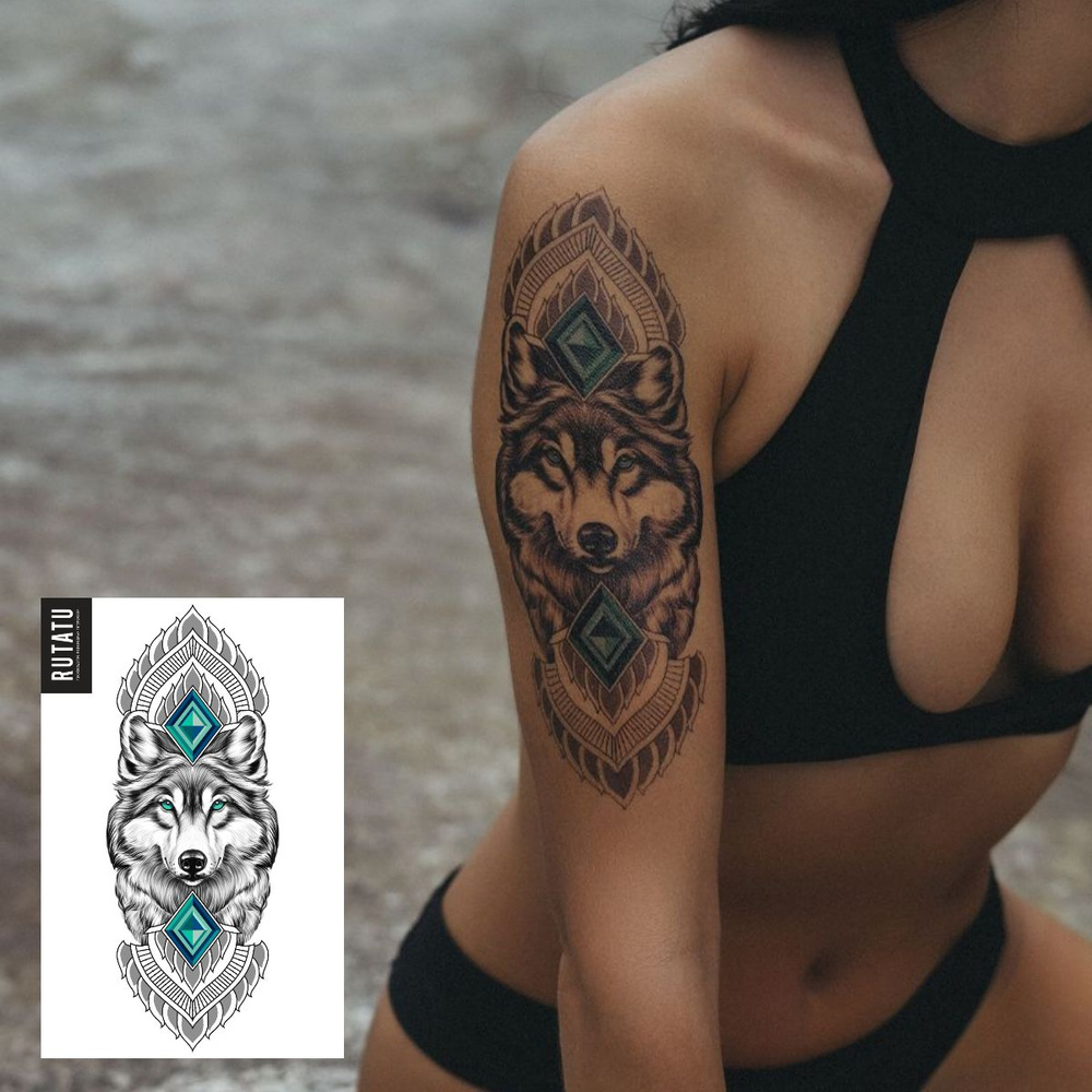 RUTATU Временная переводная татуировка Волк и Изумруд #1
