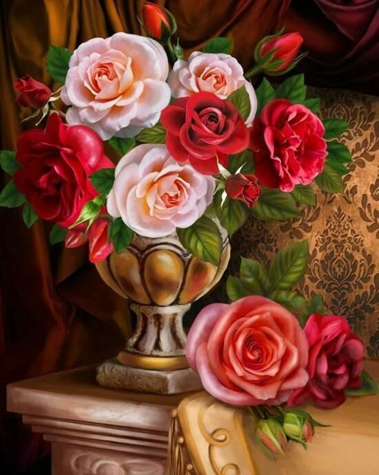 Алмазная мозаика 40х50 см на подрамнике Розы в вазе полная выкладка, круглые стразы, имитация рамы  #1