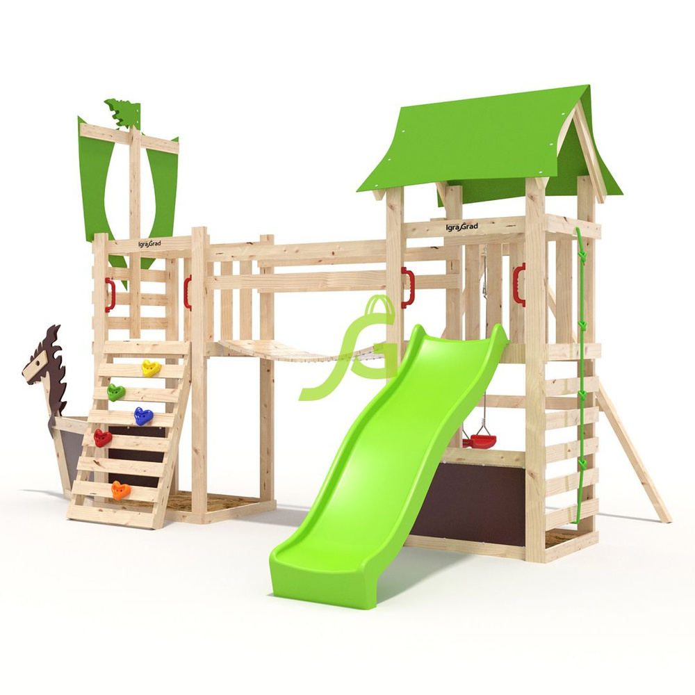 Детская площадка с двумя деревянными домиками и мостиком, тентовыми парусами, качельным модулем, волновой #1