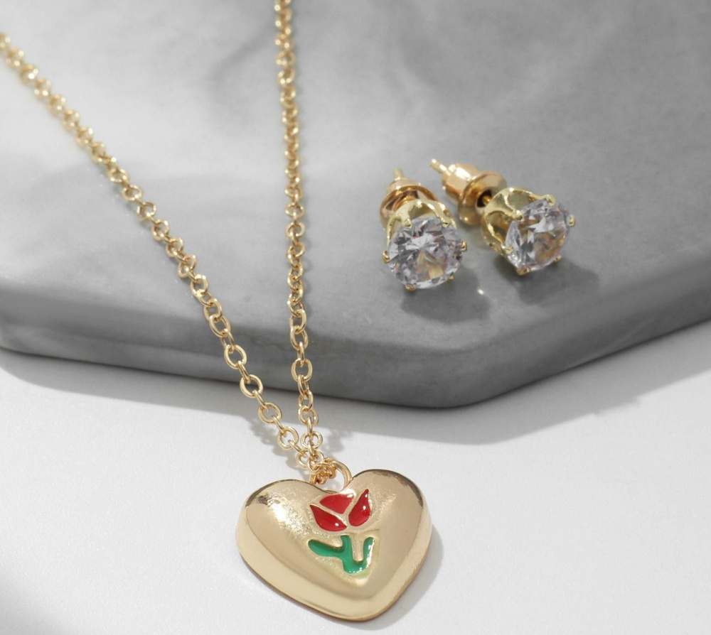 Гарнитур 2 предмета: серьги, кулон Сердце с цветком внутри, цвет золото, 40 см  #1