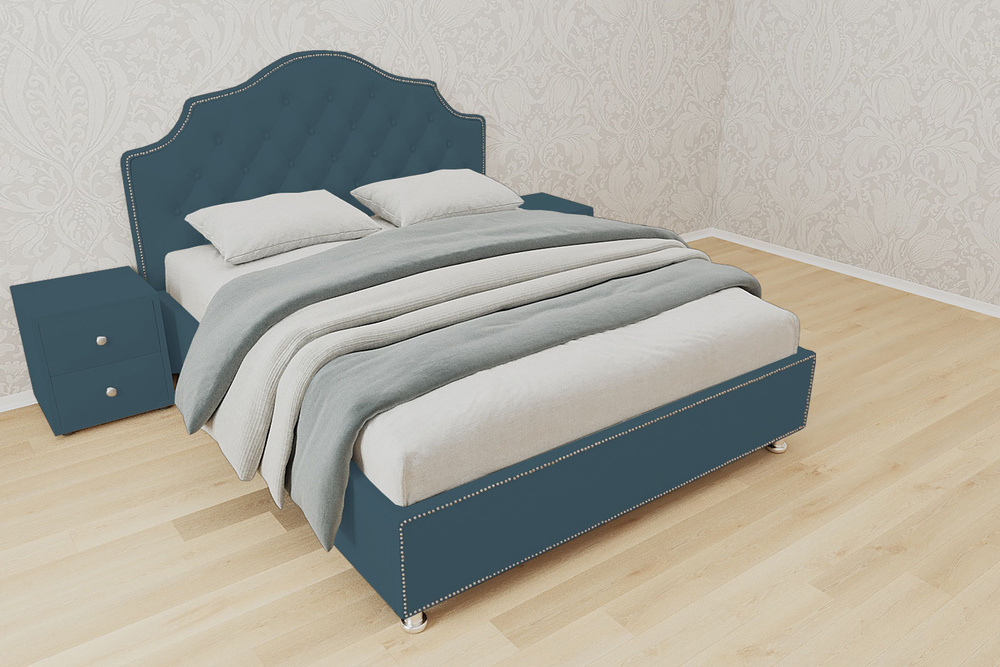 Двуспальная кровать Мария с кареткой 200x200 основание металлическое с ламелями велюр бирюзовый ножки #1