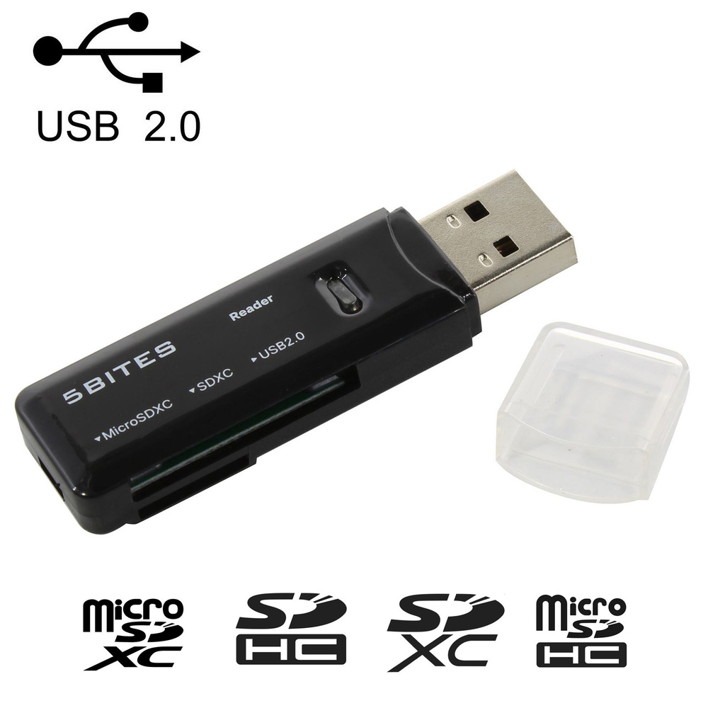 Карт-ридер USB2.0, SD, microSD, TF, SDHC, SDXC, черный, 5bites RE2-100BK #1