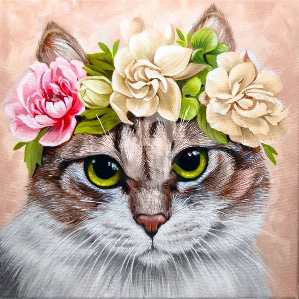 Картина по номерам на холсте 40х50 40 x 50 на подрамнике DVEKARTINKI Милая кошечка в цветочном венке #1