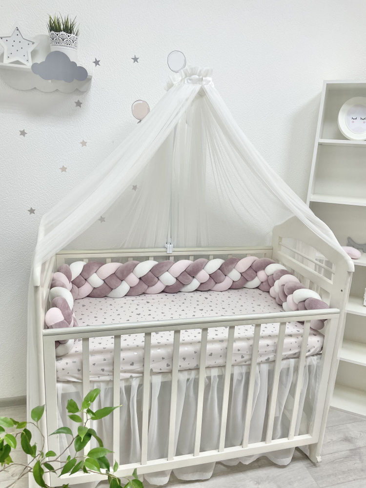 Бортик-коса защитный в кроватку новорожденного "Косичка" из хлопкового велюра 230см из 4-х лент  #1