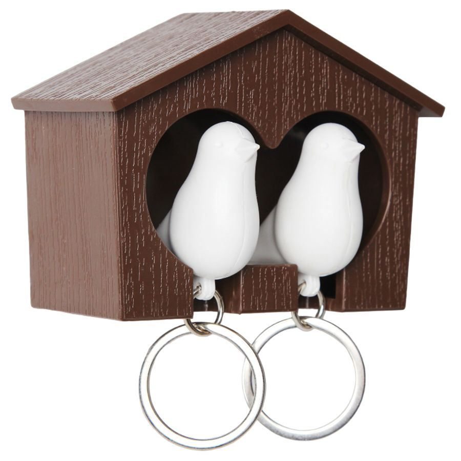 Держатель для ключей Duo Sparrow, ключница настенная с птичками на 2 ключа со свистком, коричневый/белый #1
