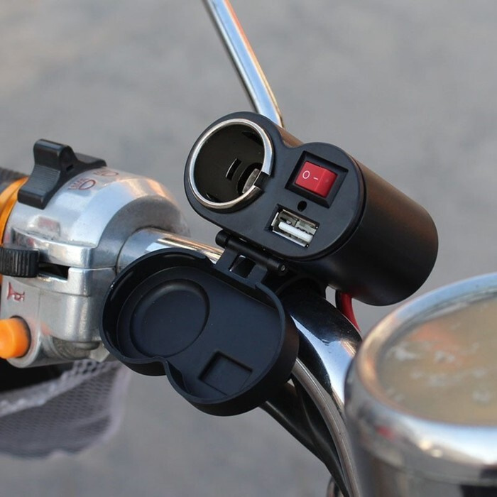 Зарядное устройство с тумблером на руль мотоцикла, USB + прикуриватель, провод 120 см  #1