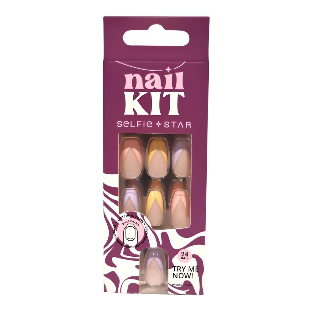 Набор накладных ногтей без клея Разноцветный френч, короткая длина Selfie Star Nails kit without glue #1