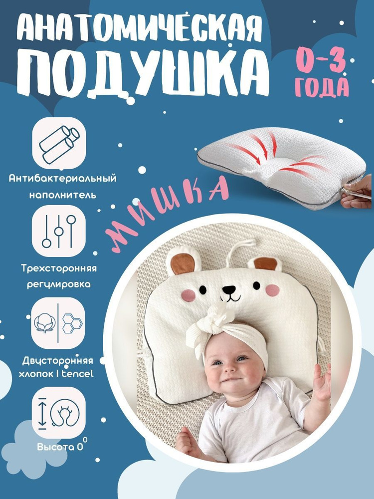Подушка для сна новорожденных ортопедическая Мишка #1