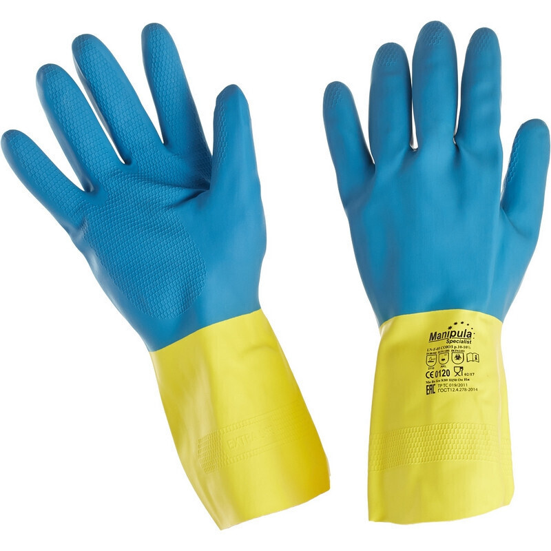 Перчатки КЩС латекс/неопрен Manipula Specialist Союз LN-F-05/СG-971, синие/желтые, размер 10-10,5, XL #1