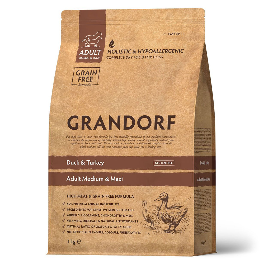 Сухой корм Grandorf Duck&Turkey для взрослых собак средних и крупных пород с уткой и индейкой, 3 кг. #1