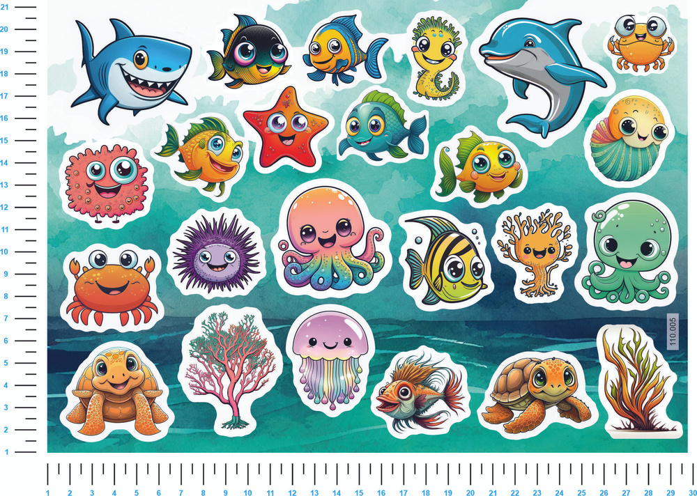 Премиум набор наклеек - морской мир, 24 шт на листе, мультяшные животные для ванной комнаты, на стены, #1