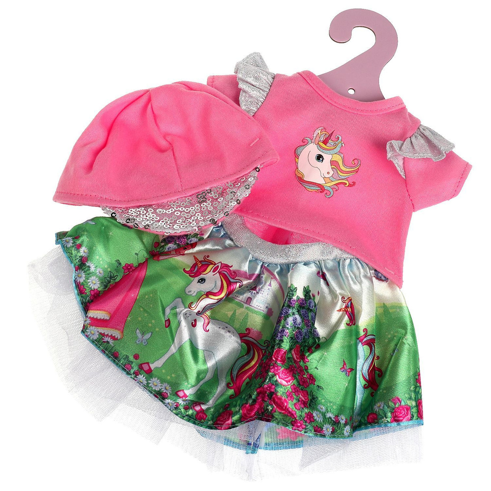 Одежда для кукол и аксессуары Карапуз платье со сказочным принтом и шапочка вешалка в комплекте  #1