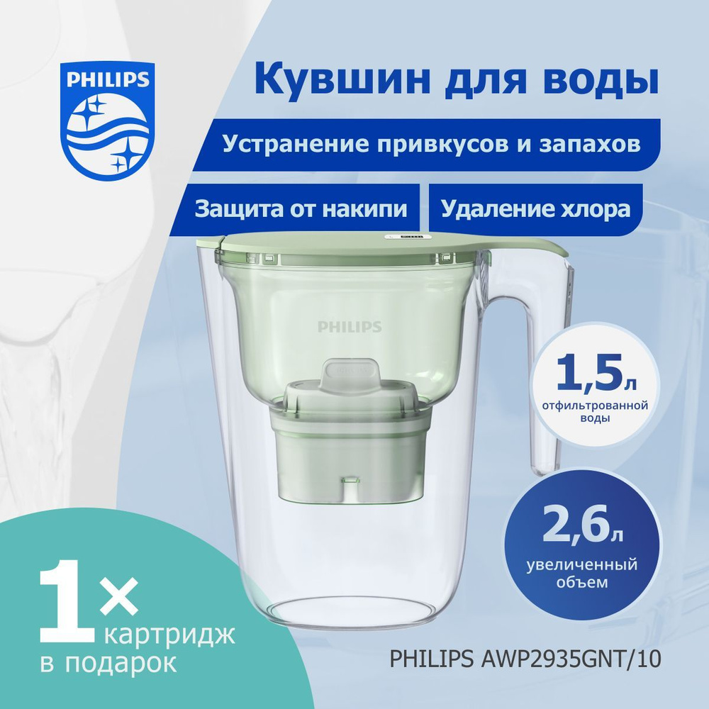 Фильтр-кувшин для очистки воды Philips AWP2935GNT/10, электронный LED-индикатор ресурса, 2,6л, зеленый #1