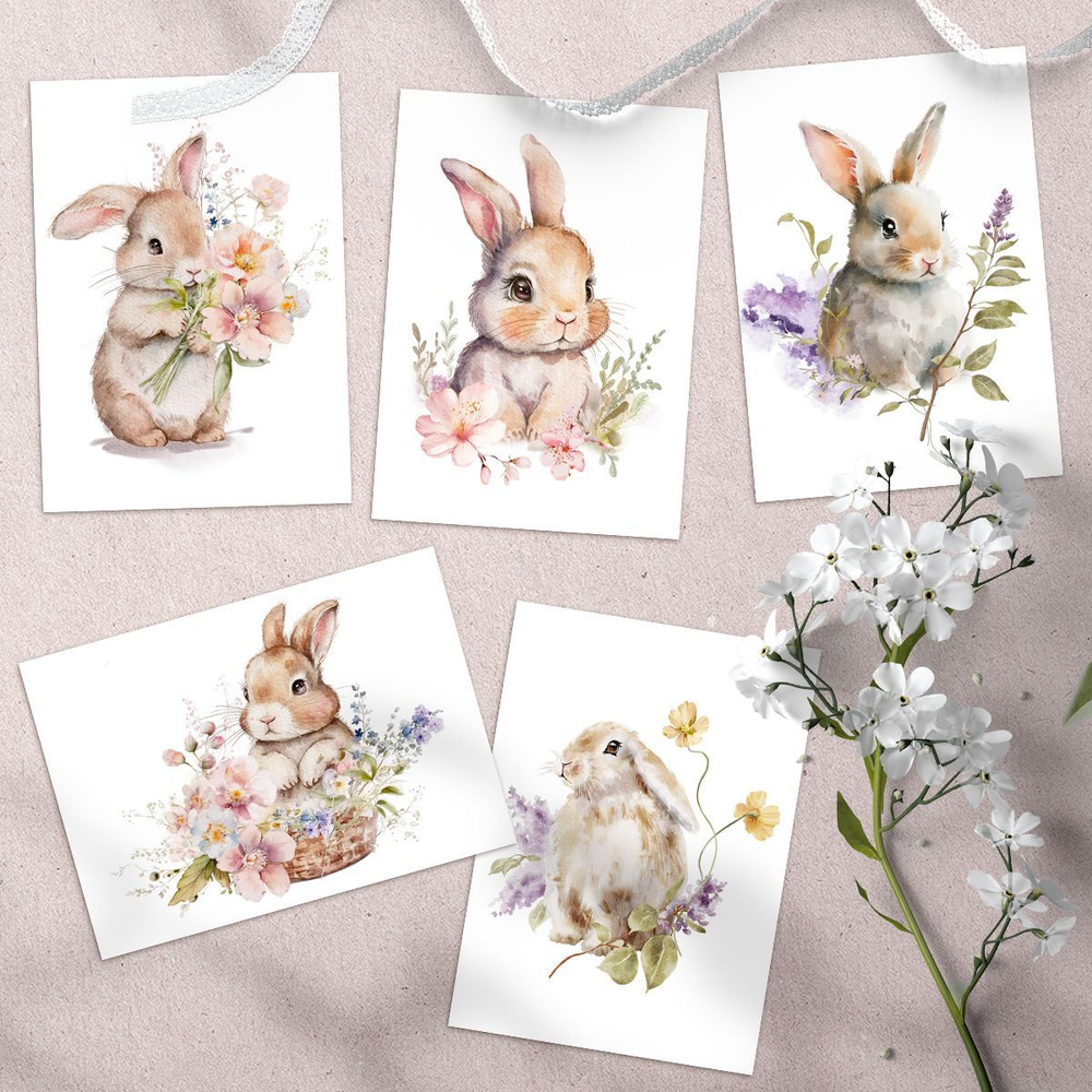 Милые животные. Детские открытки. Пасхальные кролики. Набор мини открыток 7х10 см. Подарок, бирка, карточка #1