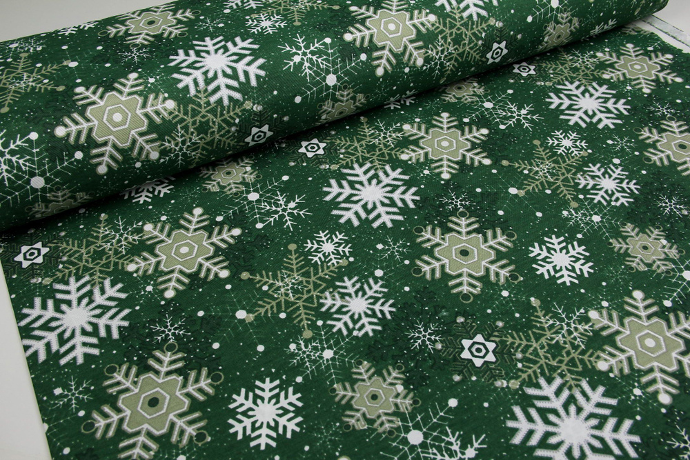 Ткань DUCK с водоотталкивающей пропиткой, 100x180 см, принт Снежинка NEW цвет зеленый  #1
