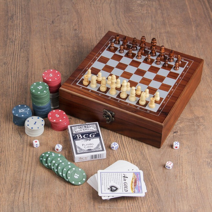Набор 4 в 1: шахматы, покер (100 фишек, 2 колоды, кубики 5 шт), 24 х 24 см  #1