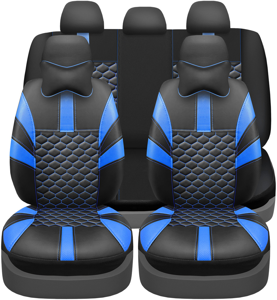 Универсальные автомобильные чехлы на весь салон из экокожи OLIMPIC цвет ЧЕРНЫЙ с синей вставкой / авточехлы #1