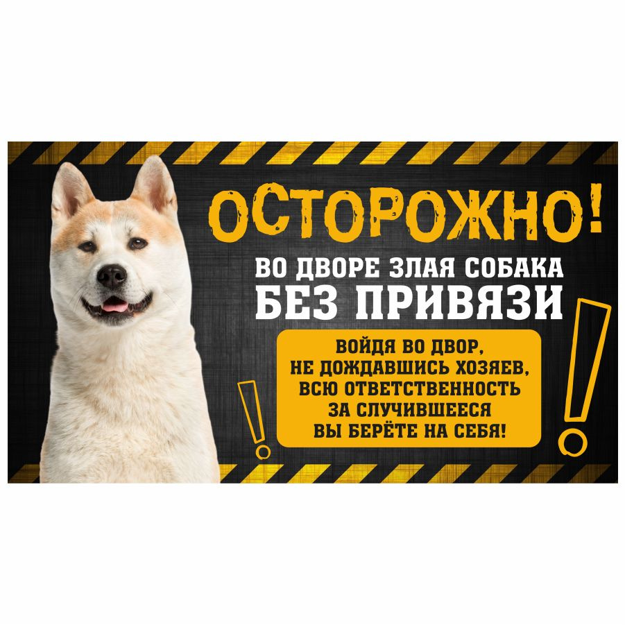 Табличка, с юмором, DANGER DOG, Осторожно! Во дворе собака без привязи, Акита-ину, 25x14 см  #1