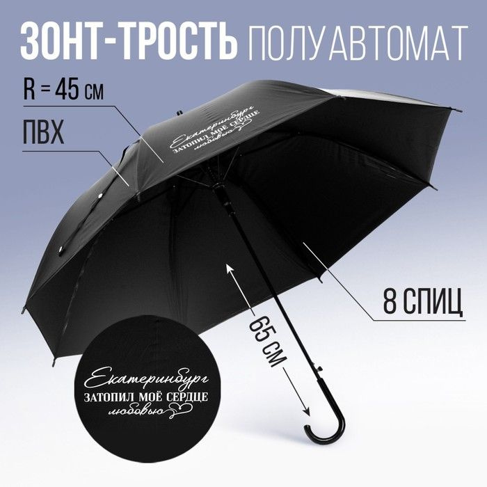 Зонт-трость полуавтомат Екатеринбург, цвет черный, 8 спиц, R 45 см  #1