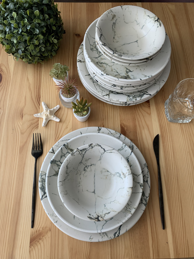 Набор круглой столовой посуды на 4 персоны (16 предметов), цвет мрамор  #1