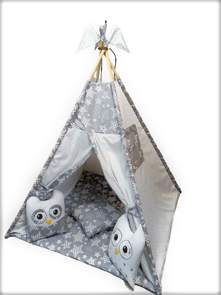 Детский Вигвам LuBaby совята серые, палатка детская игровая, домик для детей с пледом 120*120, декоративными #1