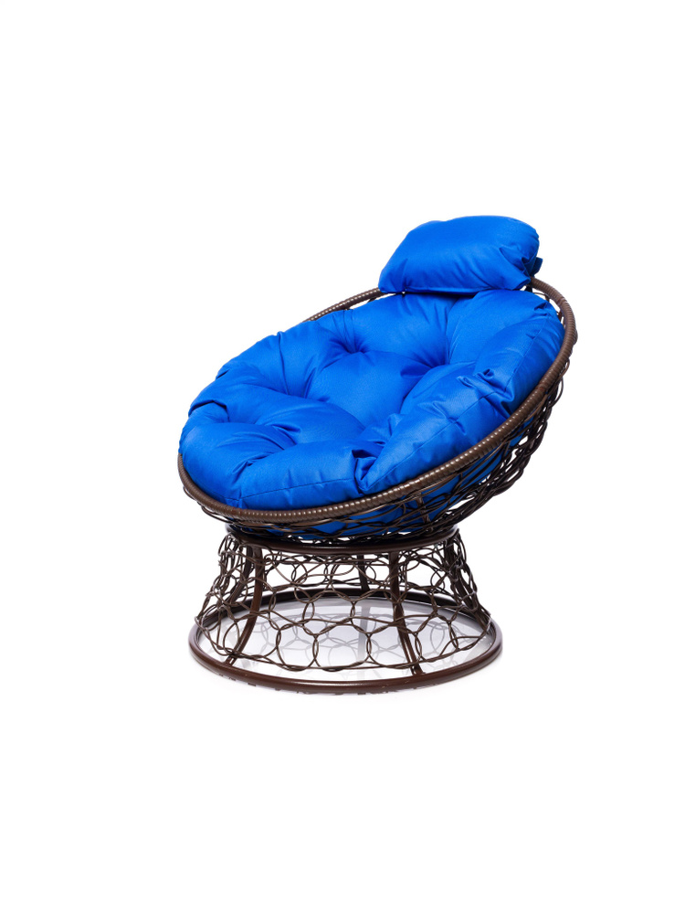 Кресло ПАПАСАН мини с ротангом коричневое, синяя подушка  #1