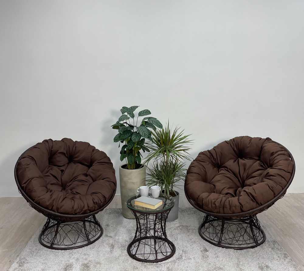 Набор садовый ПАПАСАН ПЛЮС 2 кресла и столик (коричневый) + 2 подушки (зеленый)  #1