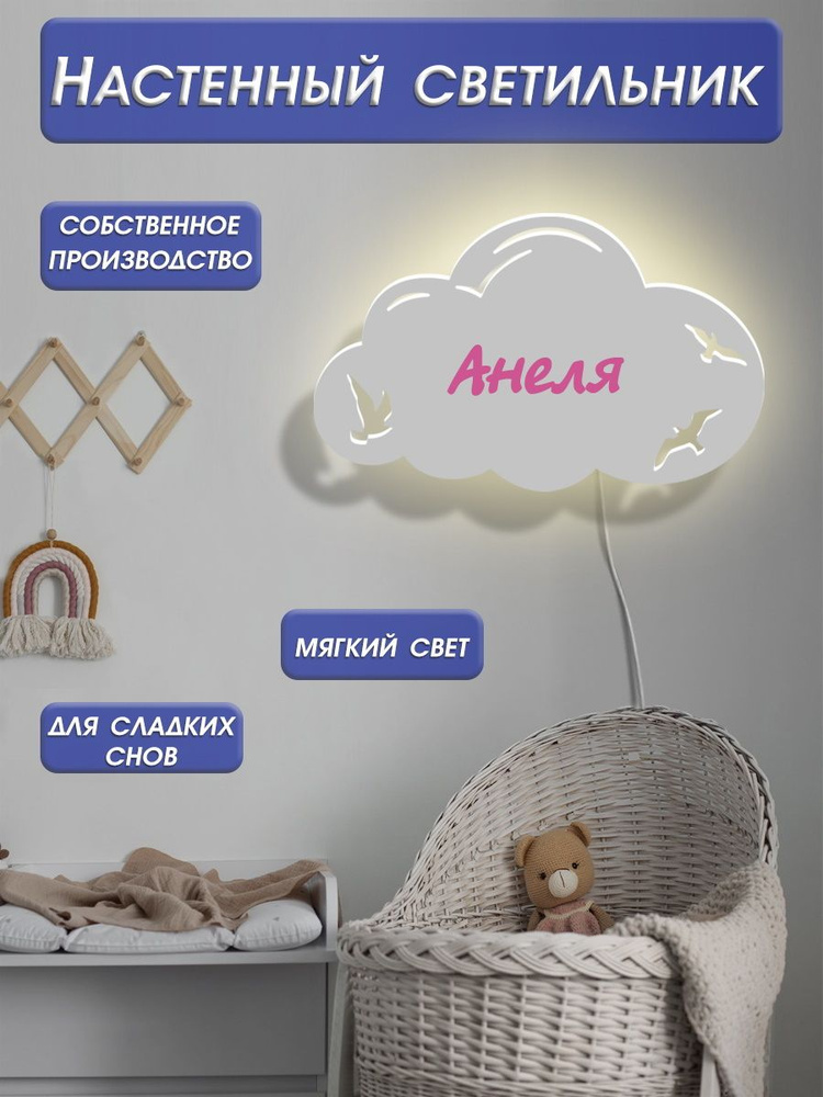 Детский ночник в розетку настенный Облачко с птичками именной / лампа бра в подарок ребенку / прикроватный #1