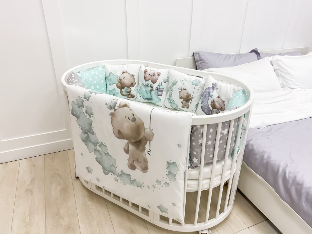Комплект бортиков в детскую кроватку для новорожденных и малышей с постельным бельем "Мишкины сны" Мятный #1