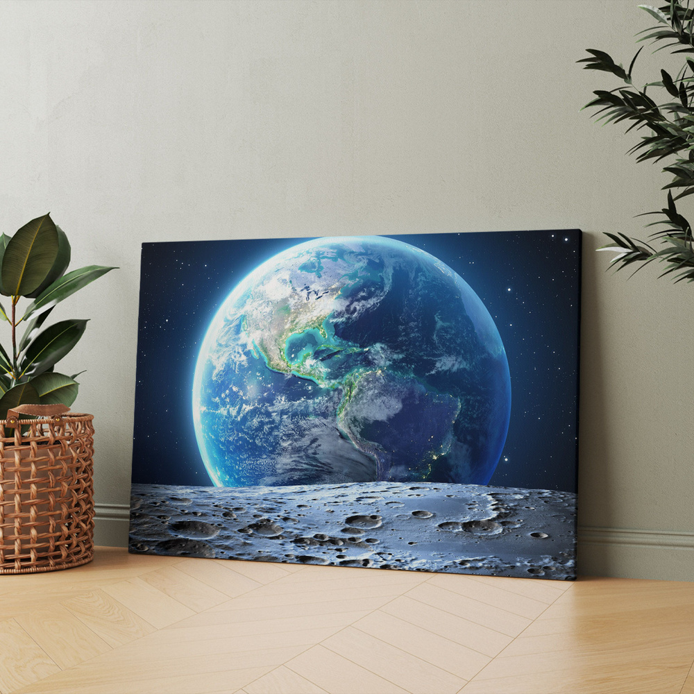 Картина на холсте (земля вид с космоса из и луна планета) 20x30 см/для интерьера/в комнату/на стену/в #1
