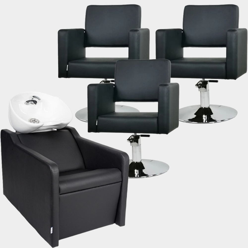 Парикмахерский комплект "Groy", Черный, 3 кресла гидравлика диск, 1 мойка глубокая белая раковина  #1