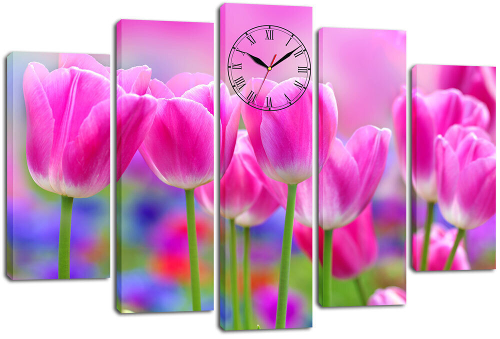 Модульная картина с часами / Часы на холсте Тюльпаны розово-алые 140х80 см.  #1