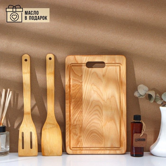 Подарочный набор деревянной посуды Adelica, доска разделочная, 2 лопатки, 29 18 1,8 см, масло в подарок #1