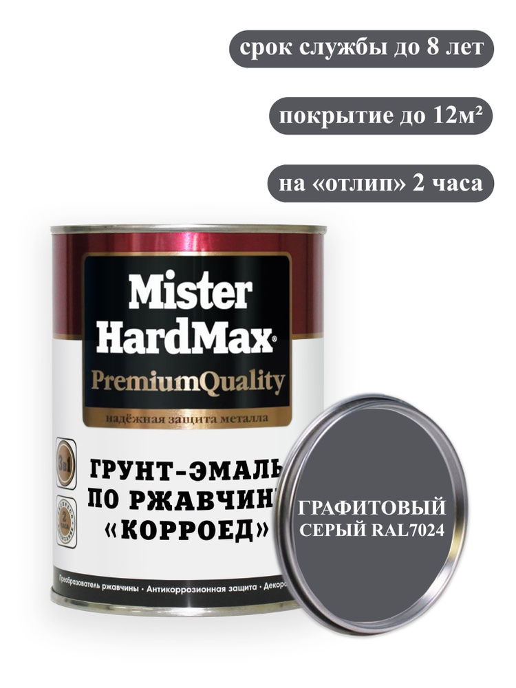 MISTER HARDMAX Грунт-эмаль Гладкая, до 80°, Алкидная, Полуматовое покрытие, 1 л, 0.9 кг, темно-серый #1