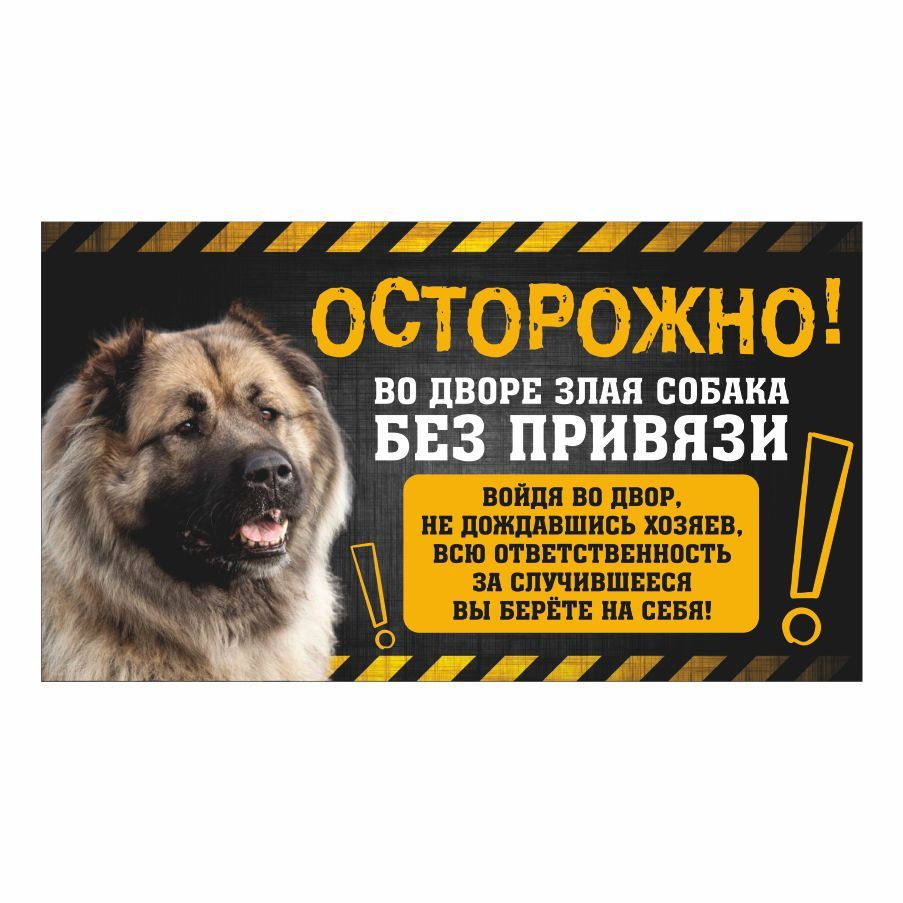 Табличка, с юмором, прикол, DANGER DOG, Собака без привязи, Кавказская овчарка, 25x14 см  #1