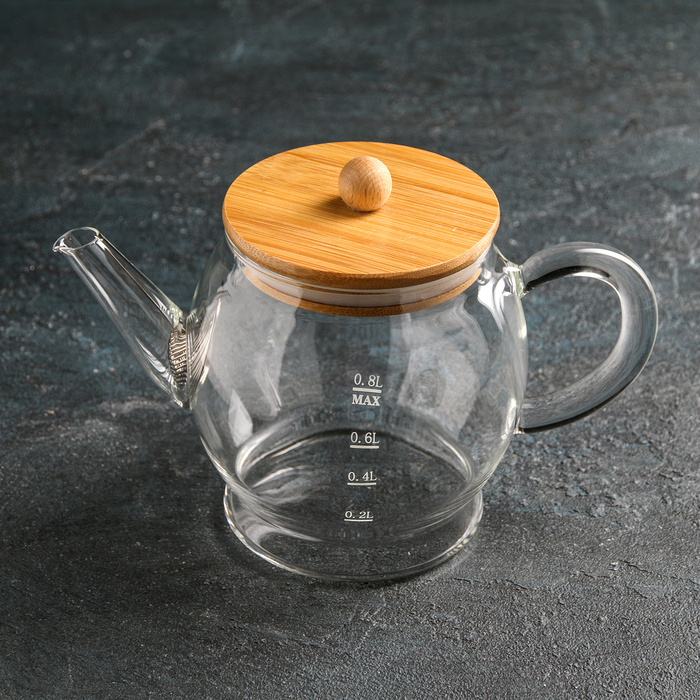 Чайник стеклянный заварочный с бамбуковой крышкой и металлическим фильтром Эко. Бабл , 800 мл, 22 12,5 #1