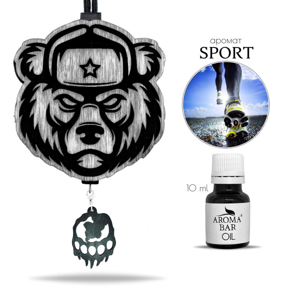 Ароматизатор для автомобиля многоразовый Русский Медведь с запахом Спорт в черном цвете, подарочный набор #1