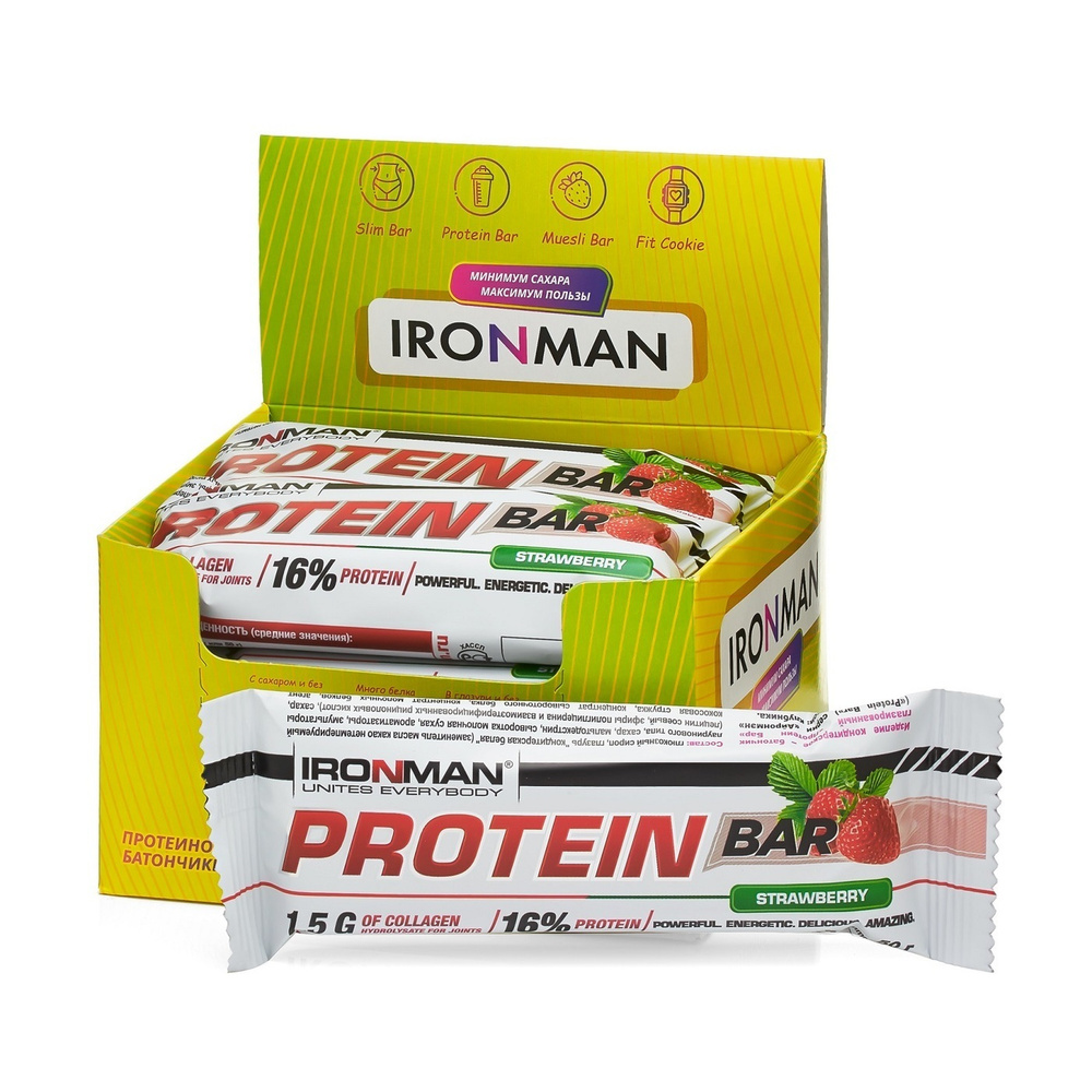Протеиновые батончики 12х50 г Клубника - белая глазурь, с коллагеном Protein Bar IRONMAN/ спортивное #1