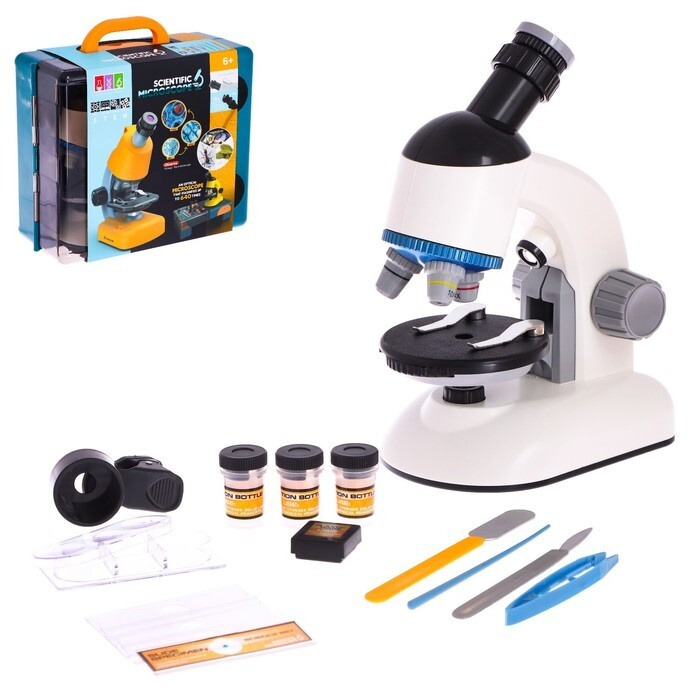 Микроскоп детский "Набор биолога в чемодане" кратность х40, х100, х640, подсветка, цвет белый  #1