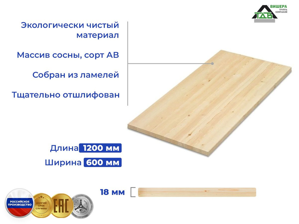 Мебельный щит из дерева (массив) 1200х600х18 мм хвоя #1
