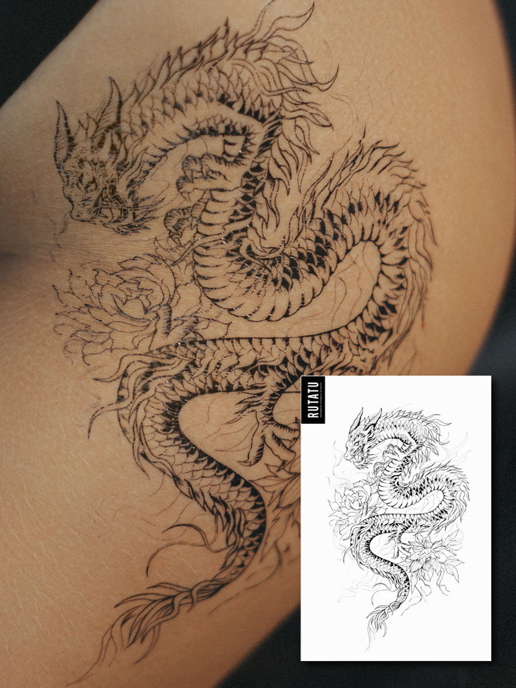 Временная переводная тату Китайский дракон и цветы #1