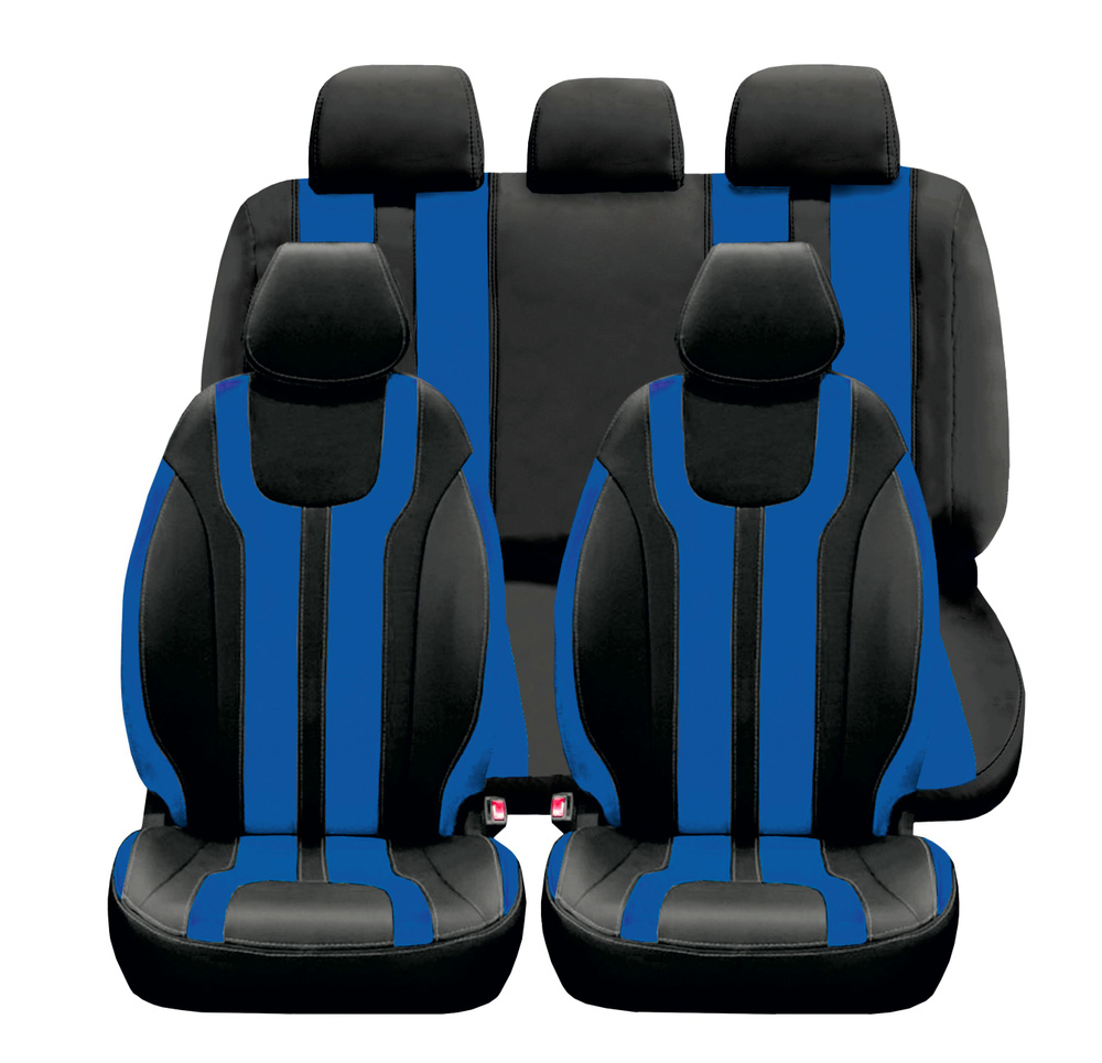 Универсальные автомобильные чехлы на весь салон из экокожи MINISOTA цвет ЧЕРНЫЙ с синей вставкой / перфорированная #1