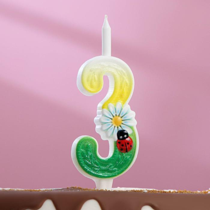 Свеча для торта Ромашки, 12.5 см, разноцветная цифра 3 #1