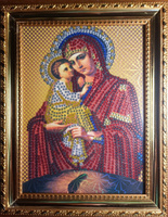 Алмазная мозаика 15х20 см в багетной рамке с подставкой "Икона Божией Матери Почаевская", частичная выкладка/ картина стразами/ алмазная вышивка #78, Софья К.